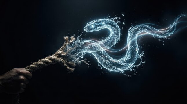 Hand pulling a water snake shape emerging from a rope