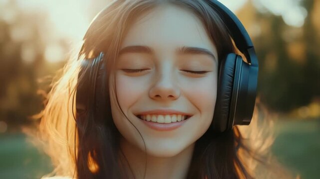 Soft golden light bathes a young woman's face. She smiles gently with eyes closed. Headphones rest softly on her ears. Sunset glow enhances her peaceful expression