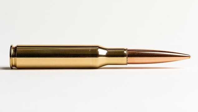 A single brass bullet with a copper tip on a white background.