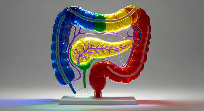 Vibrant 3D model of human digestive system with multicolored organs on white background.