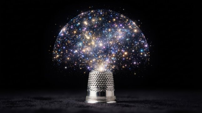 Metal thimble with glowing cosmic star field dome