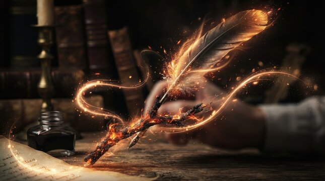 Magical glowing feather quill writing on parchment in a vintage study