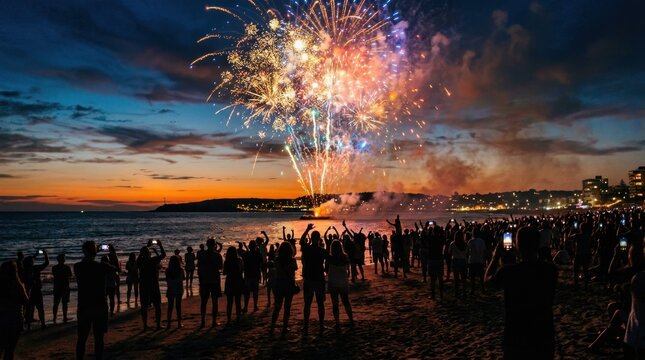 Large crowd of people watching colorful fireworks display on the beach during sunset