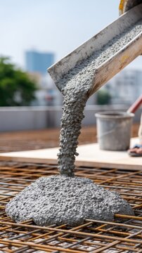 Fresh concrete flows from a chute onto rebar framework as a person stands nearby, capturing an active construction site moment in bright daylight
