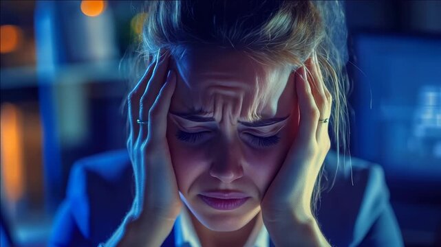 A woman experiencing a headache and holding her head in pain. She is indoors, seemingly distressed or sick.
