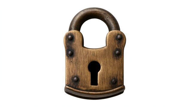 Antique Wooden Padlock Isolated on White Background.