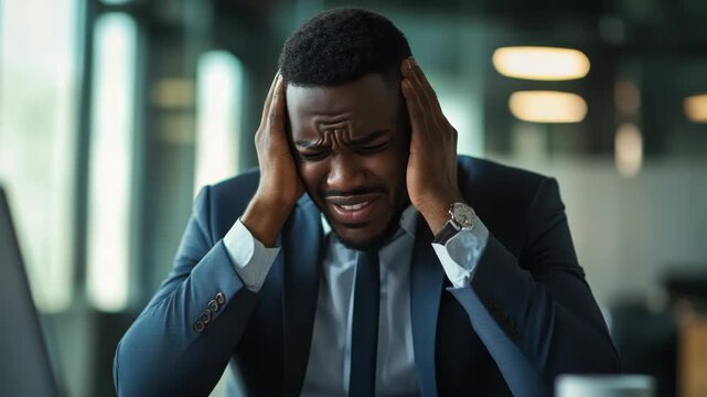 A young man in a suit is looking down with his hands on his head, indicating stress or frustration.