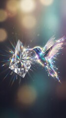 Obraz premium Hummingbird with iridescent wings interacting with a glowing crystal