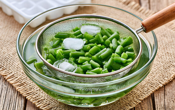 Boiled vegetables, green beans in ice water after blanching