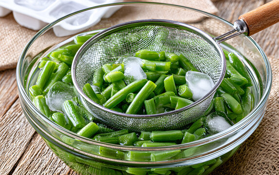 Boiled vegetables, green beans in ice water after blanching