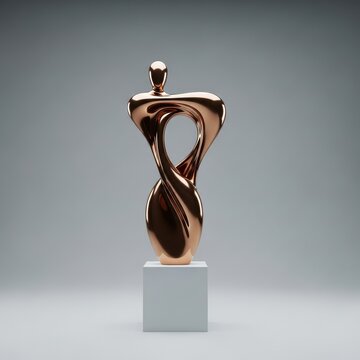 Modern bronze abstract figure sculpture displayed on a minimalist white pedestal in a studio setting