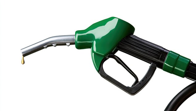 Close-up of a green fuel pump nozzle with a drop of gasoline falling.