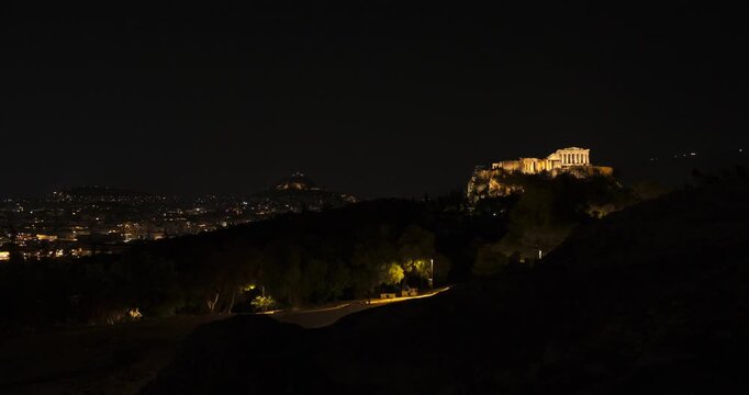 Night falling over the Acropolis in Athens, Greece