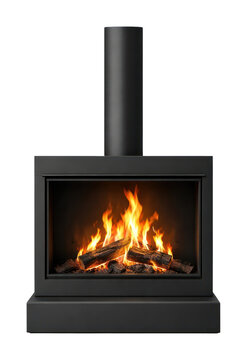 PNG Modern black fireplace with flames.