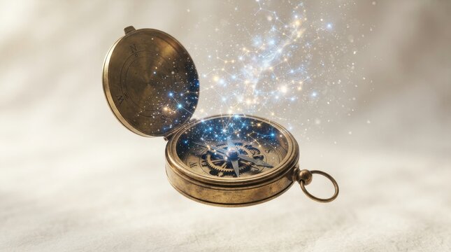 Vintage brass compass with magical glowing particles