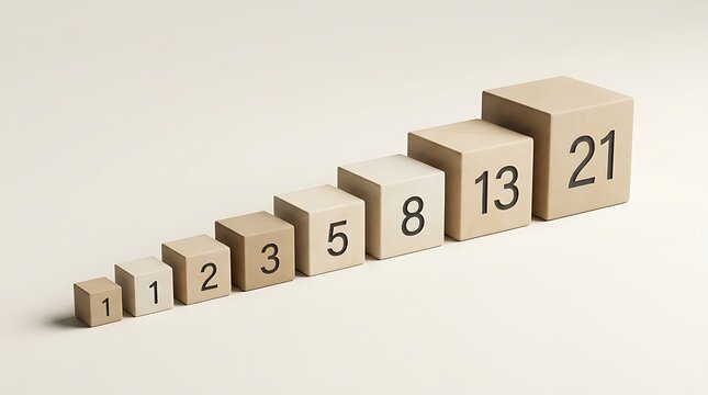 Fibonacci Sequence Numerical Wooden Blocks Representing Exponential Growth and Mathematical Progression