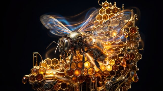 Steampunk mechanical bee on a glowing golden honeycomb