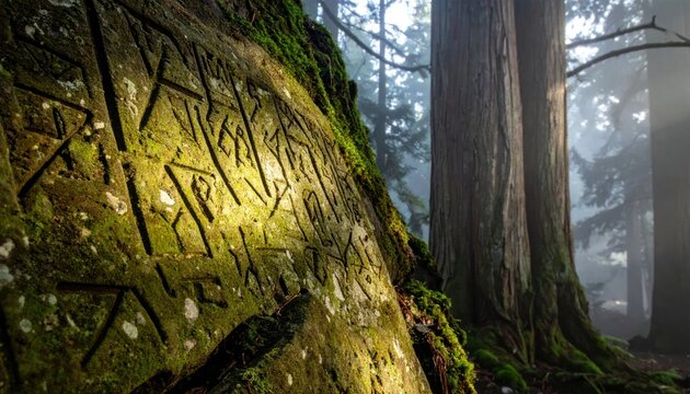 Close up of runic carvings on forest moss stone.