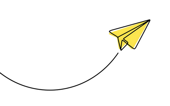 Yellow paper plane flying with drawn path isolated on white background airplane trajectory illustration creative direction isolated business transport