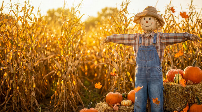 A friendly scarecrow standing in a golden cornfield during a beautiful autumn sunset