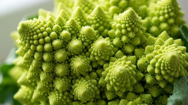 Macro shot of fresh green Romanesco broccoli showing its intricate fractal patterns and texture