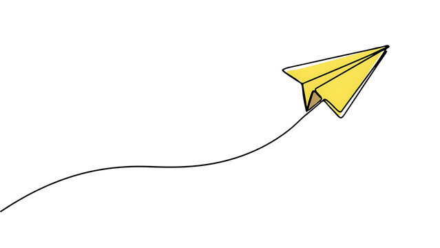 Yellow paper airplane flying with drawn flight path airplane creativity direction imagination movement paperwork innovation abstract minimalist