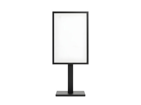A vertical blank white advertising sign board with a black frame and stand featuring an isolated object on isolated on transparent background