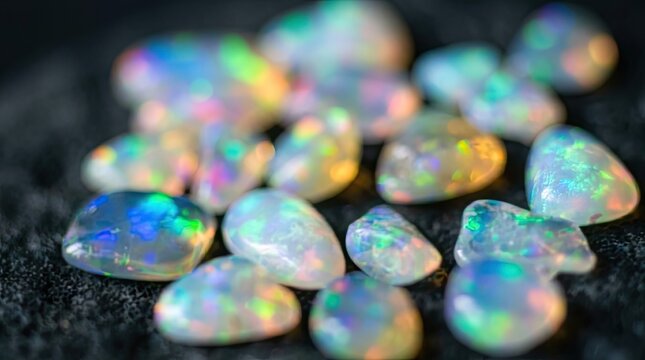Sparkling Opals Gemstones with Rainbow Fire Play Macro Photography