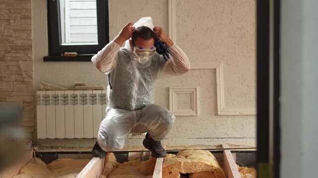 A cinematic medium shot of a handyman putting on a protective face shield and safety mask before handling fiberglass insulation.