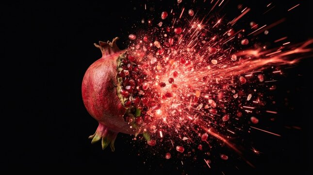 Exploding pomegranate fruit with flying seeds and juice