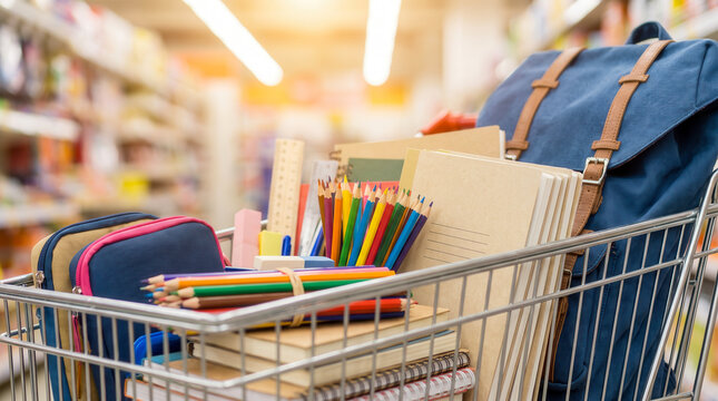 Shopping cart filled with school supplies and stationery for back to school season