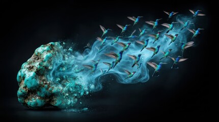 Fototapeta premium Turquoise stone transforming into a flock of flying hummingbirds