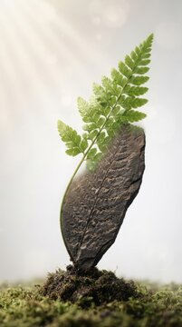 Fresh fern leaf growing next to a fossilized fern imprint on stone