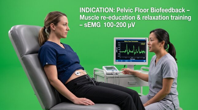 Patient receiving pelvic floor biofeedback therapy from a physical therapist