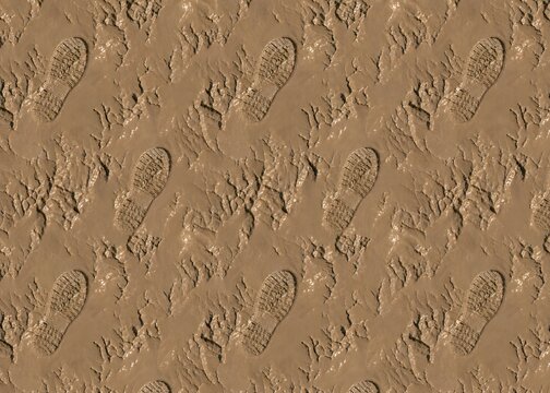 Seamless Pattern of Boot Footprints in Wet Clay Mud Texture
