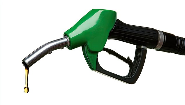 Close-up of a green fuel nozzle with a drop of gasoline falling.