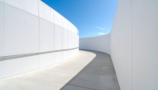 白い曲線壁と青い空が広がるモダンな建築空間　未来を感じさせるコンクリートの通路とコピースペースのある屋外環境の背景素材