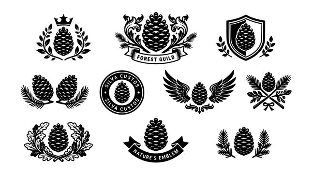 Pine Cone Heraldic Crest and Badge Silhouette Collection for Forest Emblems