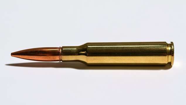 A single brass bullet cartridge with a pointed copper projectile.