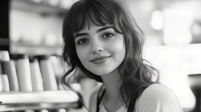 A young adult female smiling at camera with dark hair styled up. She is wearing casual attire and appears to be enjoying her time in a coffee shop environment with cups visible in background.