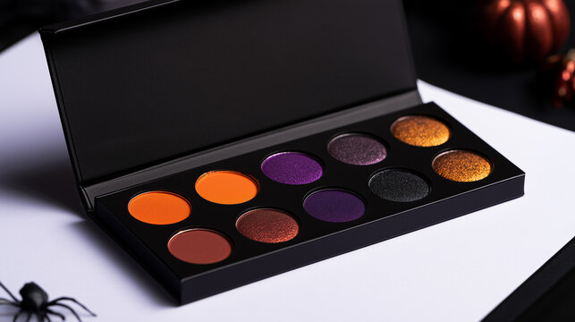 Halloween Makeup Palette with Orange Purple Gold Black and Burgundy Eyeshadows for Creative Costume Looks