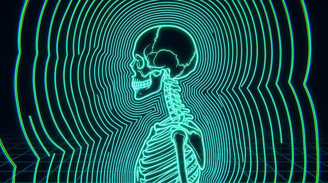 Glowing neon skeleton torso illustration with digital ripple effect on dark background