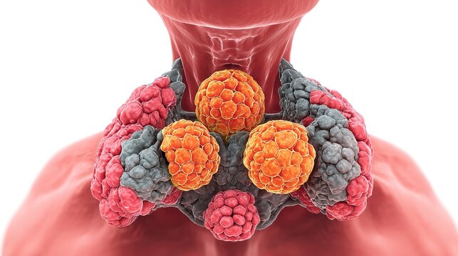 Cross?section human thyroid gland 3D medical illustration, thyroid disease disorder concept, showing inflammation, goiter, hyperthyroidism and hypothyroidism, endocrine system organ, hormonal imbalanc