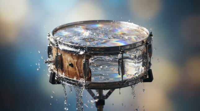 Snare drum filled with water and splashing drops