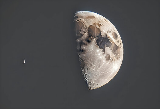 Half moon with visible craters and a small crescent moon in the dark sky, Astronomy and space exploration