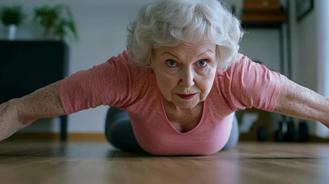 Senior woman does floor exercises. Focused gaze meets camera lens. Soft pink shirt covers her torso. Wooden floor beneath her body. Natural light fills the room. Cozy home background setting