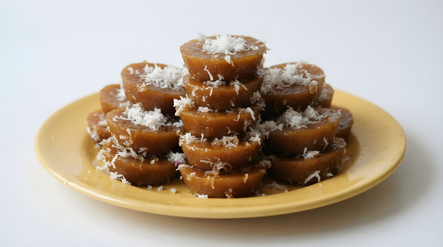 Stacks of puto cake from Philippines puto cuchinta (kutsinta) from tapioca flour, brown sugar and grated coconuts on yellow plate on white background