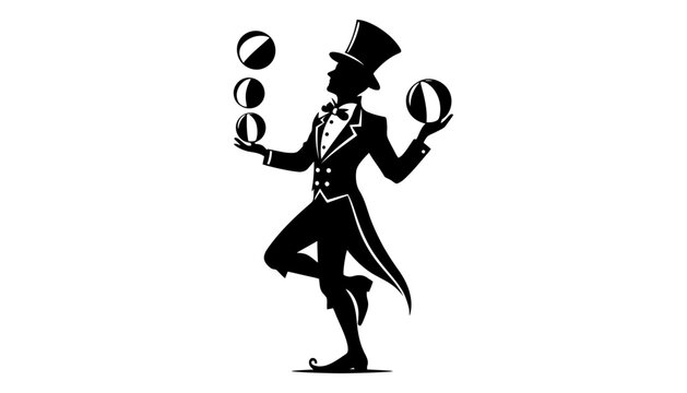 Circus juggler silhouette wearing top hat balancing balls isolated