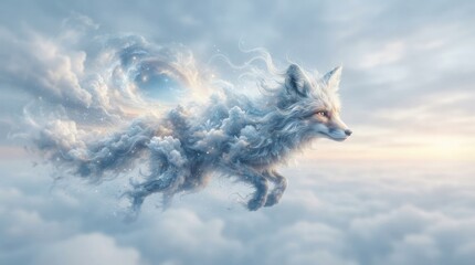 Obraz premium Ethereal cloud fox soaring through the sky