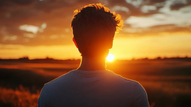 A silhouette of a man looking out at the setting sun.